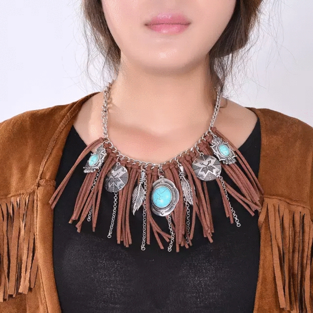 Fun turquoise Fringe necklace brown or black